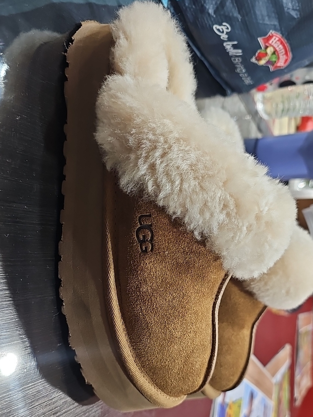 UGG Chestnut Suede Shearling Cuff Slip-On Slipper